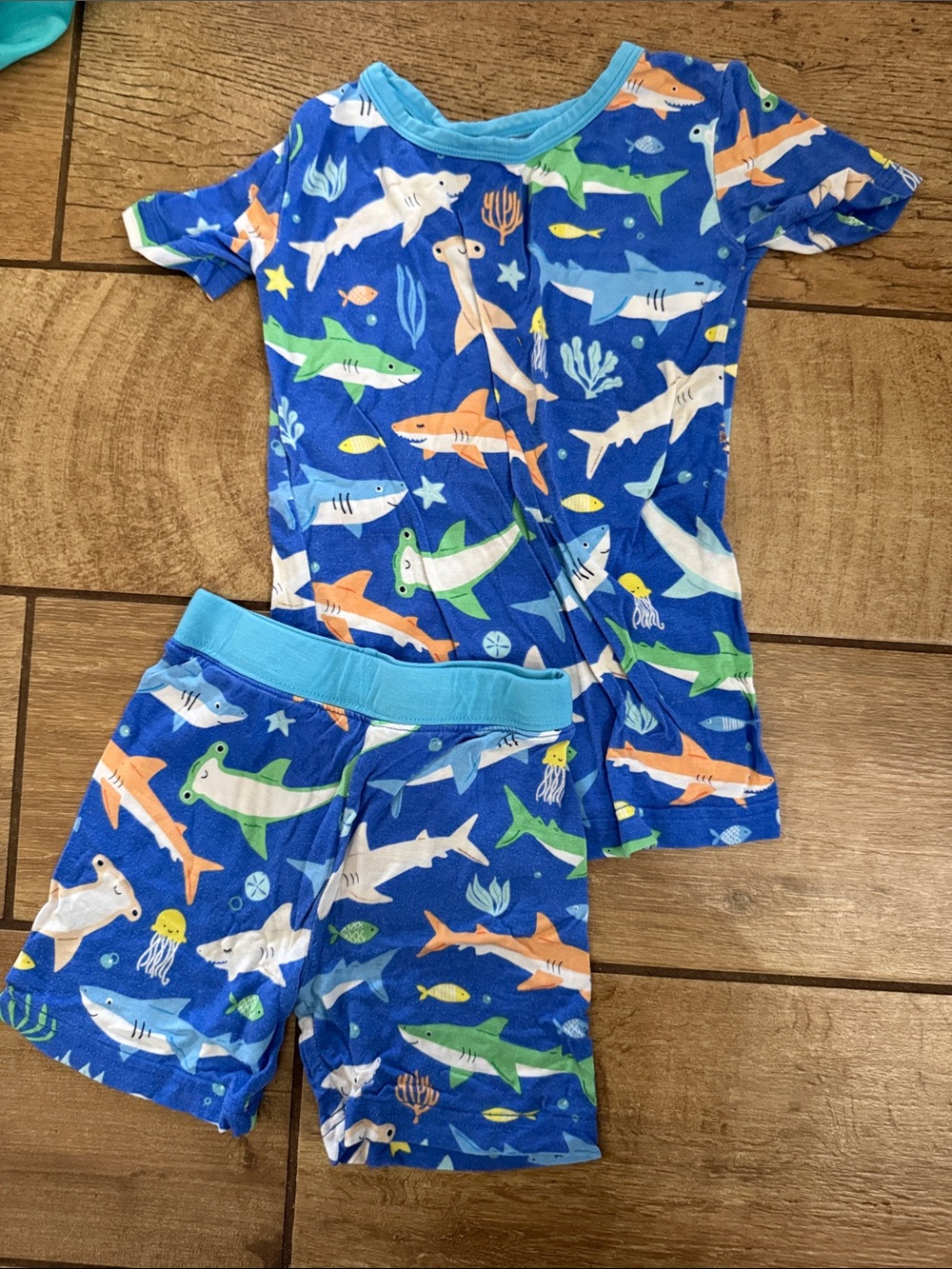 Little Sleepies Blue Shark Short Pajama Set with Orange, Green & White Sharks